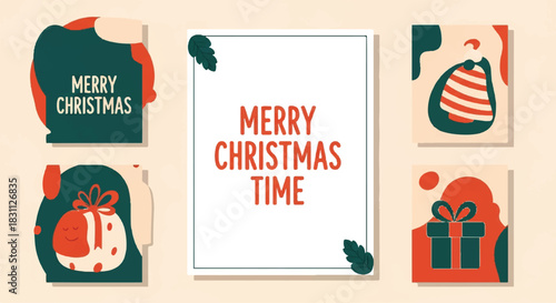 Festive Christmas Card Collection with Abstract Shapes and Holiday Greetings.