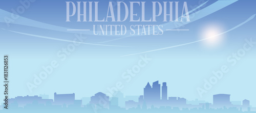 Blue panoramic poster of the city skyline with misty background buildings and clouds of PHILADELPHIA, UNITED STATES