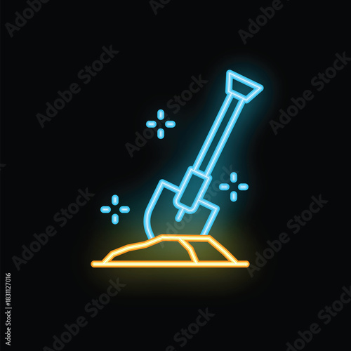Glowing neon line shovel in the ground icon isolated on black background. Gardening tool. Tool for horticulture, agriculture, farming. Vector