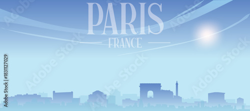 Blue panoramic poster of the city skyline with misty background buildings and clouds of PARIS, FRANCE