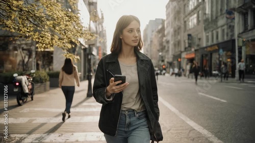 Woman Walking on City Street Using Smartphone.