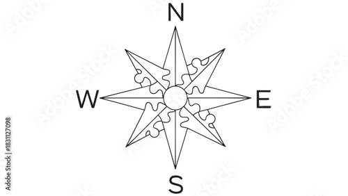 Detailed grayscale compass rose illustration with cardinal directions and ornate points for design use.