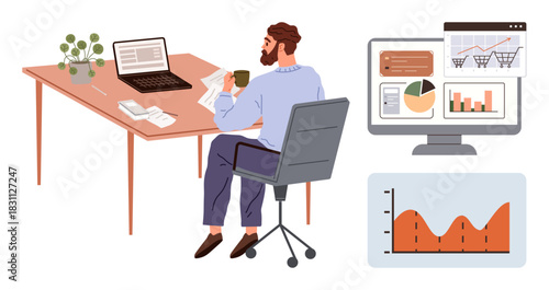 Business professional working on laptop while monitoring data charts and reports on screen, holding coffee. Ideal for analytics, teamwork, productivity, strategy, planning, technology growth. Simple