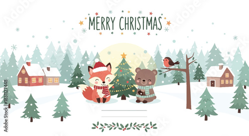 Cute Fox and Bear Celebrating Christmas Together.