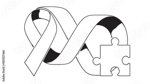 White ribbon intertwined with puzzle piece symbol representing autism awareness and support.