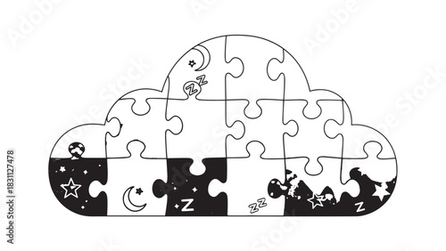 Monochrome cloud puzzle illustration featuring interlocking pieces filled with night sky elements.