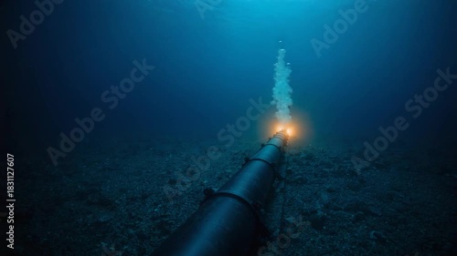 Underwater Pipeline with Glowing Orange Light and Bubbles Rising from Seabed ocean