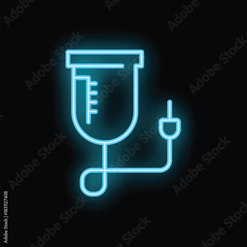 Neon blue icon of an iv bag glowing on a black background