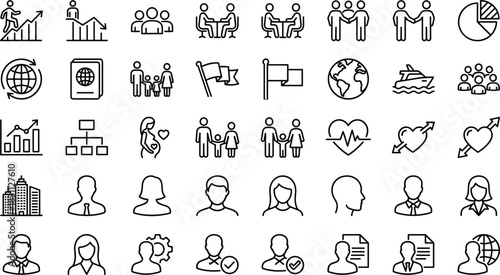 Business, family, health and global lifestyle line icons set illustrating teamwork, travel, growth analytics, communication, relationships, human profiles and wellness concepts