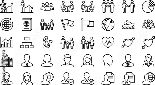 Family, business, health and global travel line icons set illustrating teamwork, growth analytics, communication, relationships, pregnancy, organizational structure and lifestyle concepts