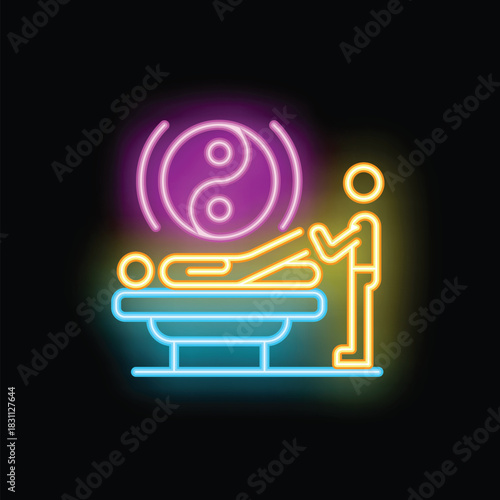 Neon sign representing a therapist performing acupuncture therapy with a yin yang symbol, evoking relaxation and well being