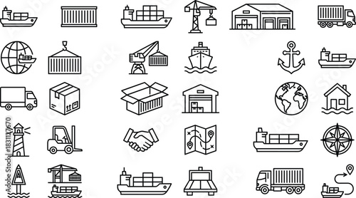 Global shipping logistics line icons set showing cargo transport, warehouse storage, delivery trucks, freight containers, maritime shipping and international distribution