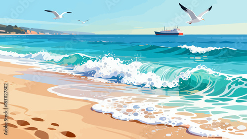 This vibrant illustration depicts a tropical beach scene: turquoise waves crash on golden sand, lined with palm trees, while a sailboat, rainbow, and seagulls fill the bright sky, serene and idyllic