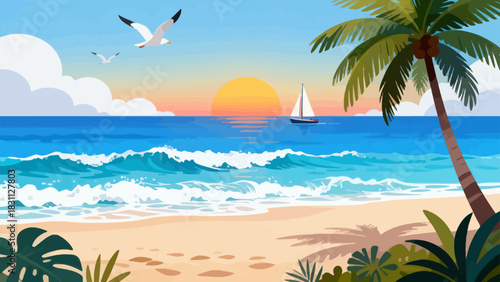 This vibrant illustration depicts a tropical beach scene: turquoise waves crash on golden sand, lined with palm trees, while a sailboat, rainbow, and seagulls fill the bright sky, serene and idyllic