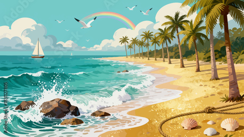This vibrant illustration depicts a tropical beach scene: turquoise waves crash on golden sand, lined with palm trees, while a sailboat, rainbow, and seagulls fill the bright sky, serene and idyllic