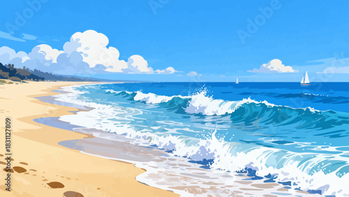 This vibrant illustration depicts a tropical beach scene: turquoise waves crash on golden sand, lined with palm trees, while a sailboat, rainbow, and seagulls fill the bright sky, serene and idyllic