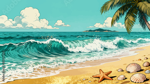 This vibrant illustration depicts a tropical beach scene: turquoise waves crash on golden sand, lined with palm trees, while a sailboat, rainbow, and seagulls fill the bright sky, serene and idyllic