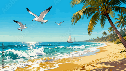 This vibrant illustration depicts a tropical beach scene: turquoise waves crash on golden sand, lined with palm trees, while a sailboat, rainbow, and seagulls fill the bright sky, serene and idyllic