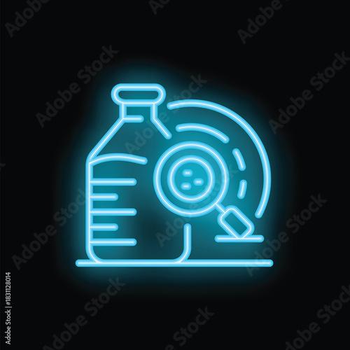Neon icon representing the concept of food analysis with a milk bottle and a magnifying glass