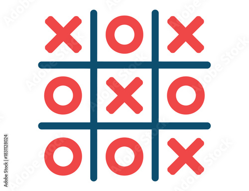 A game of tic-tac-toe is played on a grid with red Xs and Os.