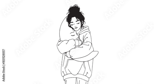 Minimalist line drawing of a mother cradling her baby in a peaceful pose.