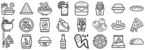 Collection of Fast Food and Drink Icons in Line Art Style