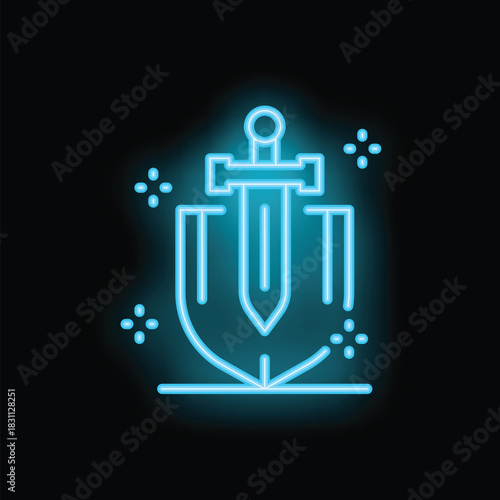 Neon blue glowing symbol of a sword piercing the ground through a shield