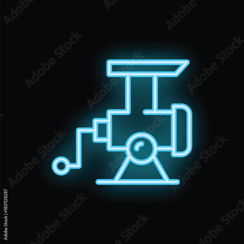Blue neon icon of a meat grinder glowing on a black background