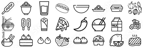 Diverse Collection of Food and Drink Icons in Outline Style