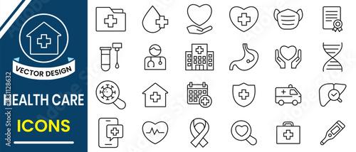 Healthcare icon set collection. Medical or Healthcare line icon vector set. Dermatology, gynecology, health, care, doctor, nurse, hospital, clinic, medicine, pill, report, oncology, dentistry, heart.