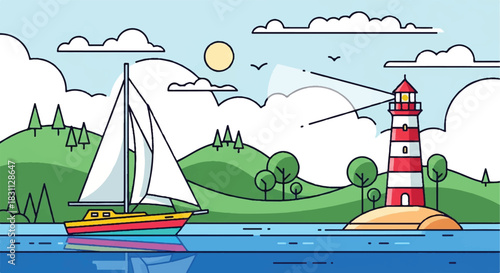 Sailboat and Lighthouse Illustration on the Water.