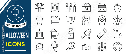 Halloween icons vector set collection. Set of 24 outline icons related to halloween. Linear icon collection such as candle, spider, castel, horror, face, pumpkin, ghost, vampire, zombie etc.