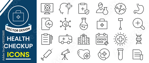 Health checkup line icon set. Medical or health checkup line icon vector collection. Symbol of medical related outline icon vector. Vector illustration.