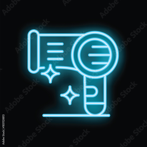 Blue neon icon of a hairdryer glowing on a dark background