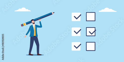 Businessman holding a large pencil checking off items on a list