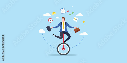 Businessman skillfully balancing on a unicycle with briefcases and office items