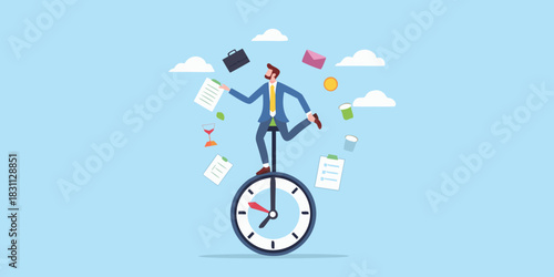 Businessman skillfully juggling tasks while riding a unicycle on a clock