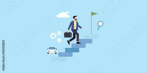 Businessman climbing stairs towards goal with car and gears below