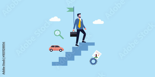 Businessman climbing stairs towards success flag with car and magnifying glass