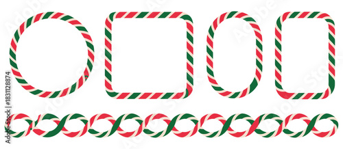 Candy Cane Border Set with Square, Circle and Oval Christmas Frames in Red and White Striped Lollipop Pattern Brush Style for Festive Holiday Vector Design