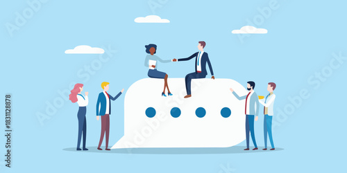 Diverse business people collaborating and communicating on a giant speech bubble