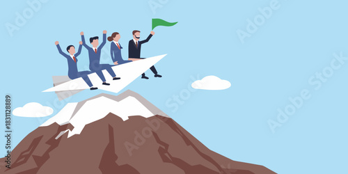 Business team riding paper airplane over mountain peak celebrating success