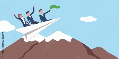 Business team flying on paper airplane over mountains holding a flag