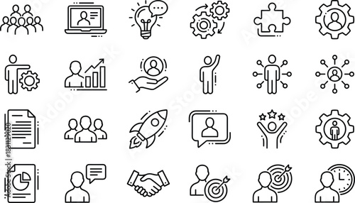 Business management and leadership line icons set showing teamwork, productivity, innovation, human resources, communication skills, growth strategy and corporate development