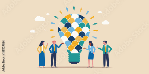 Diverse team collaborating on a bright idea represented by a colorful lightbulb