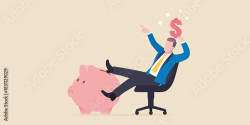 Man in suit sitting on office chair holding dollar sign above piggy bank