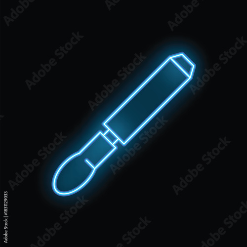 Blue neon sign of a professional makeup brush with a long handle, for applying cosmetic products