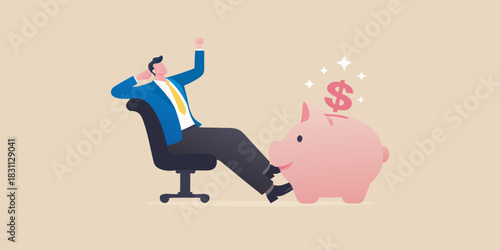 Man celebrates financial success with a piggy bank and dollar sign