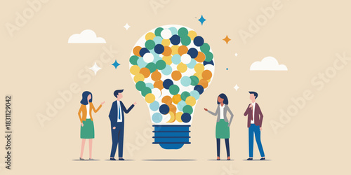 Diverse team collaborates on a bright idea represented by a colorful lightbulb
