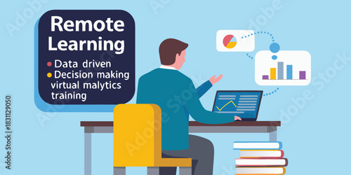 Man learning remotely about data driven decision making and virtual analytics training